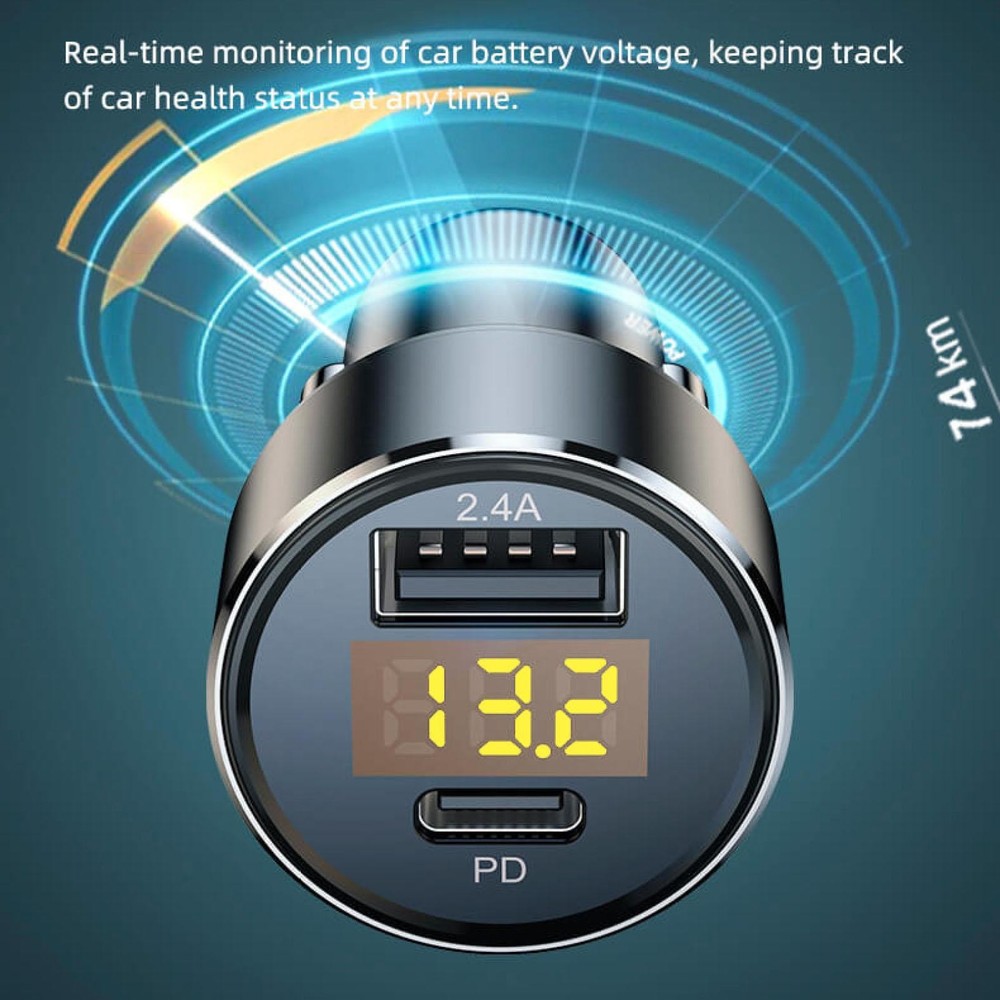12/24V LED Digital Display USB Type-C PD Car Charger 18W 2.4A Cigarette Lighter