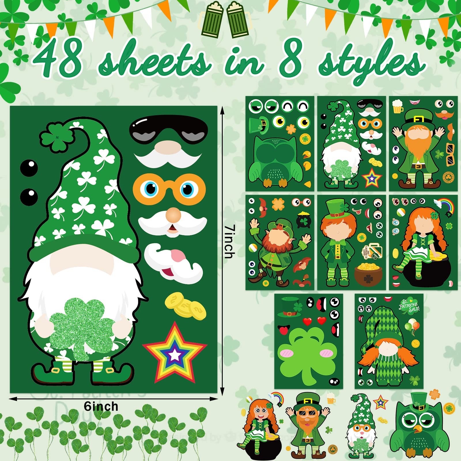St.Patrick's Day Stickers for Kids, 48pc Shamrock & Face Stickers, DIY Crafts fo