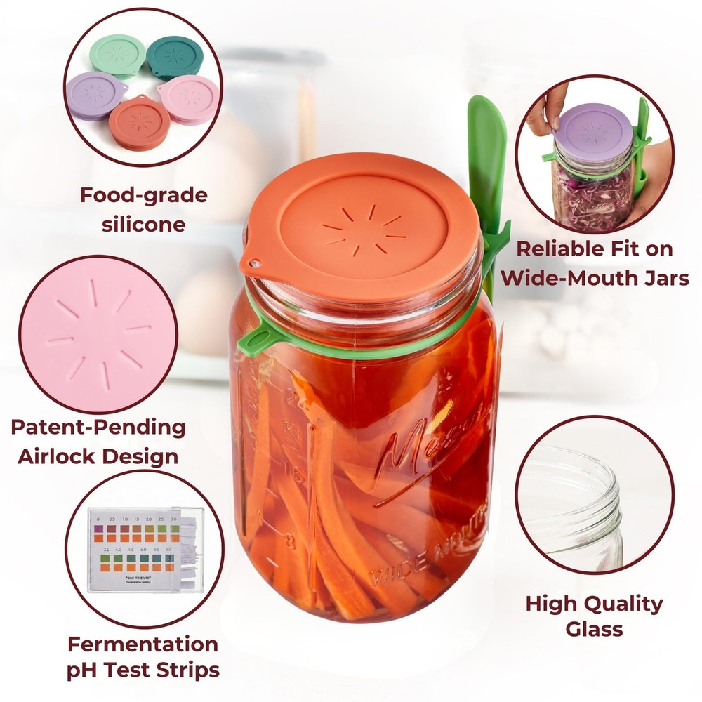 Basic Fermentation Kit for Wide Mouth Mason Jars - 6 Pack Silicone Fermenting...