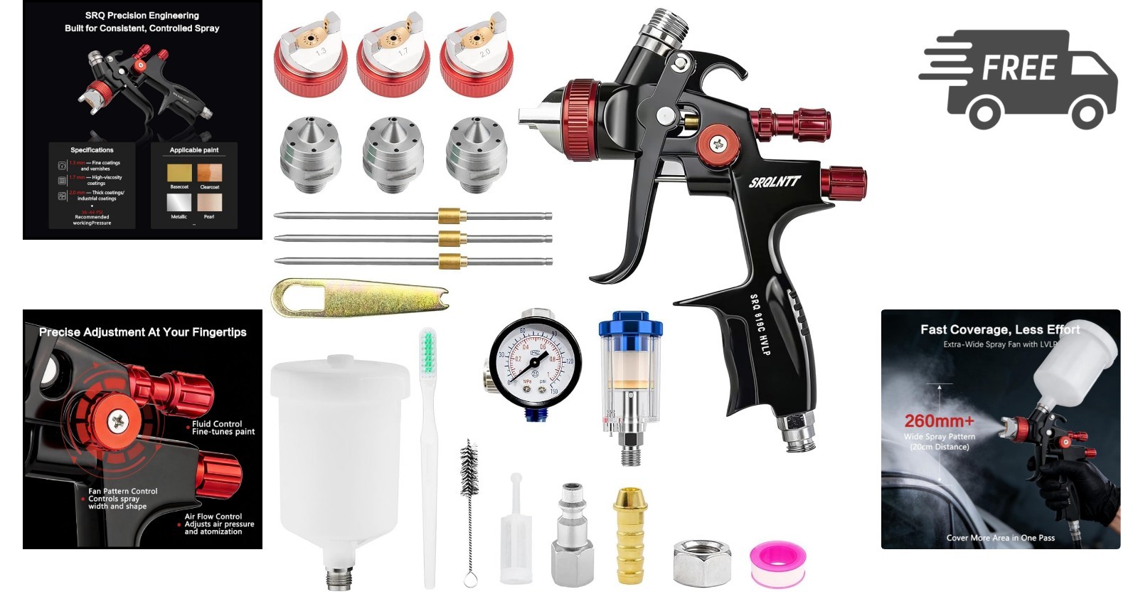HVLP Air Spray Gun Kit Automotive Paint Nozzle Set 600ml Aluminum