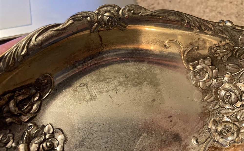 Vintage Silver Plate Roses Dish Shabby Worn Silverplate Tray