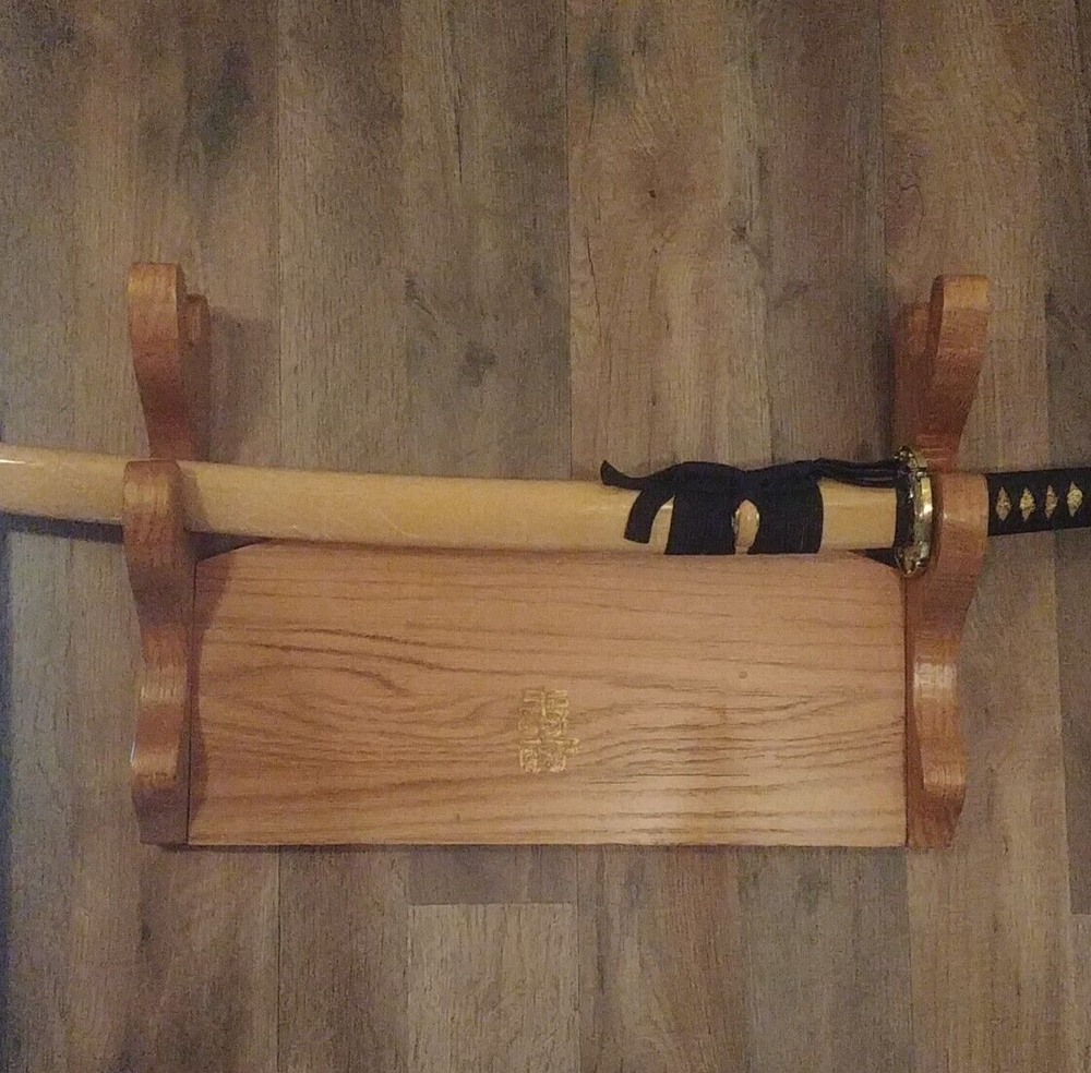 2-Tier Solid Oak Sword Wall Display Katana Wakizashi Tanto Samurai