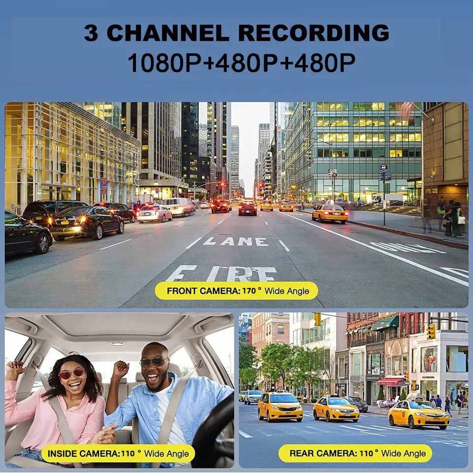 170° Car Dash Camera Three Lens Front/Rear/Inside View Motion Detection G-senor