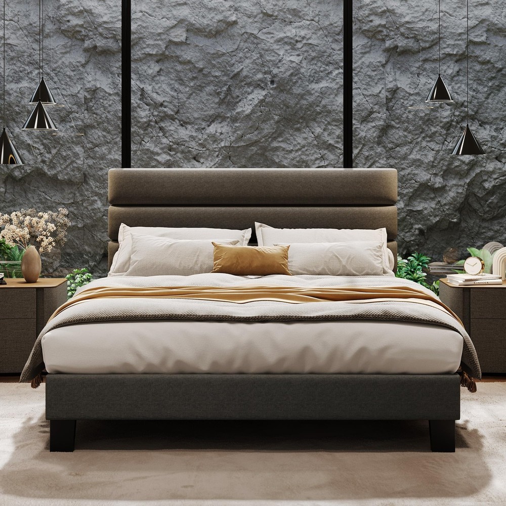 Full Queen King Size Linen Upholstered Platform Bed Frame Adjustable Headboard