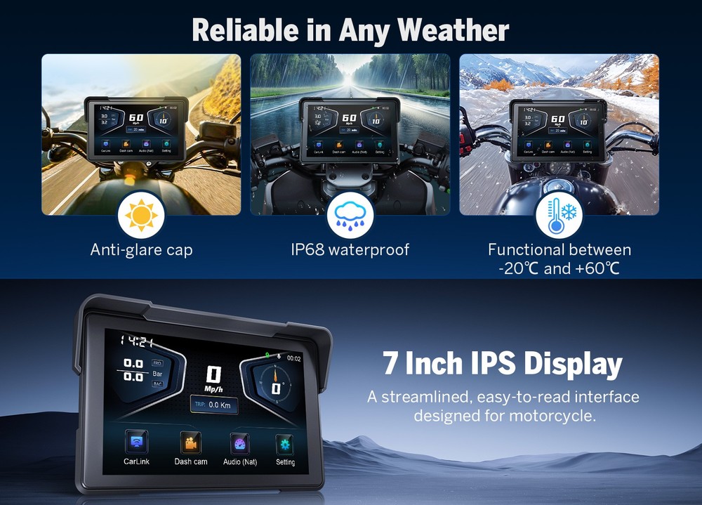 7" IPS Touch Screen Motorcycle Stereo Wireless CarPlay Android Auto Bluetooth 4K