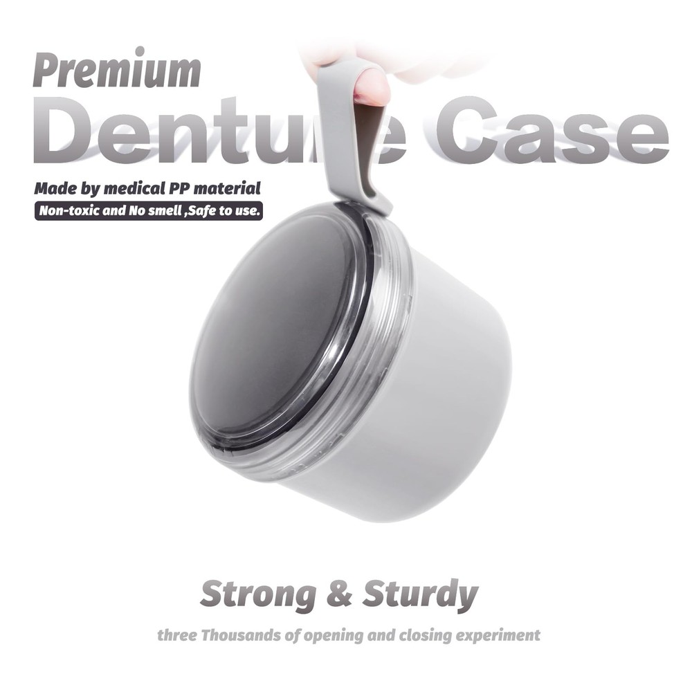 2023 Large Denture Bath Cup, No Leak Denture Case, Grey