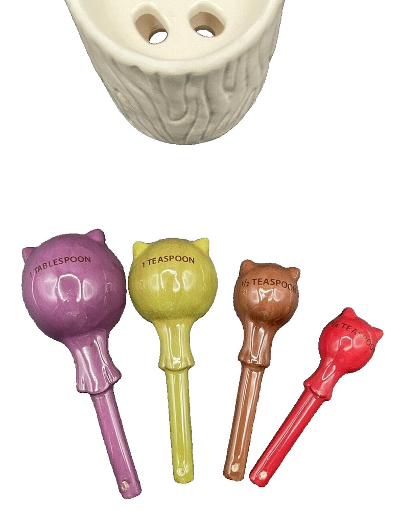 Multicolor Ceramic Owl Measuring Spoons in White Ceramic Tree Stump