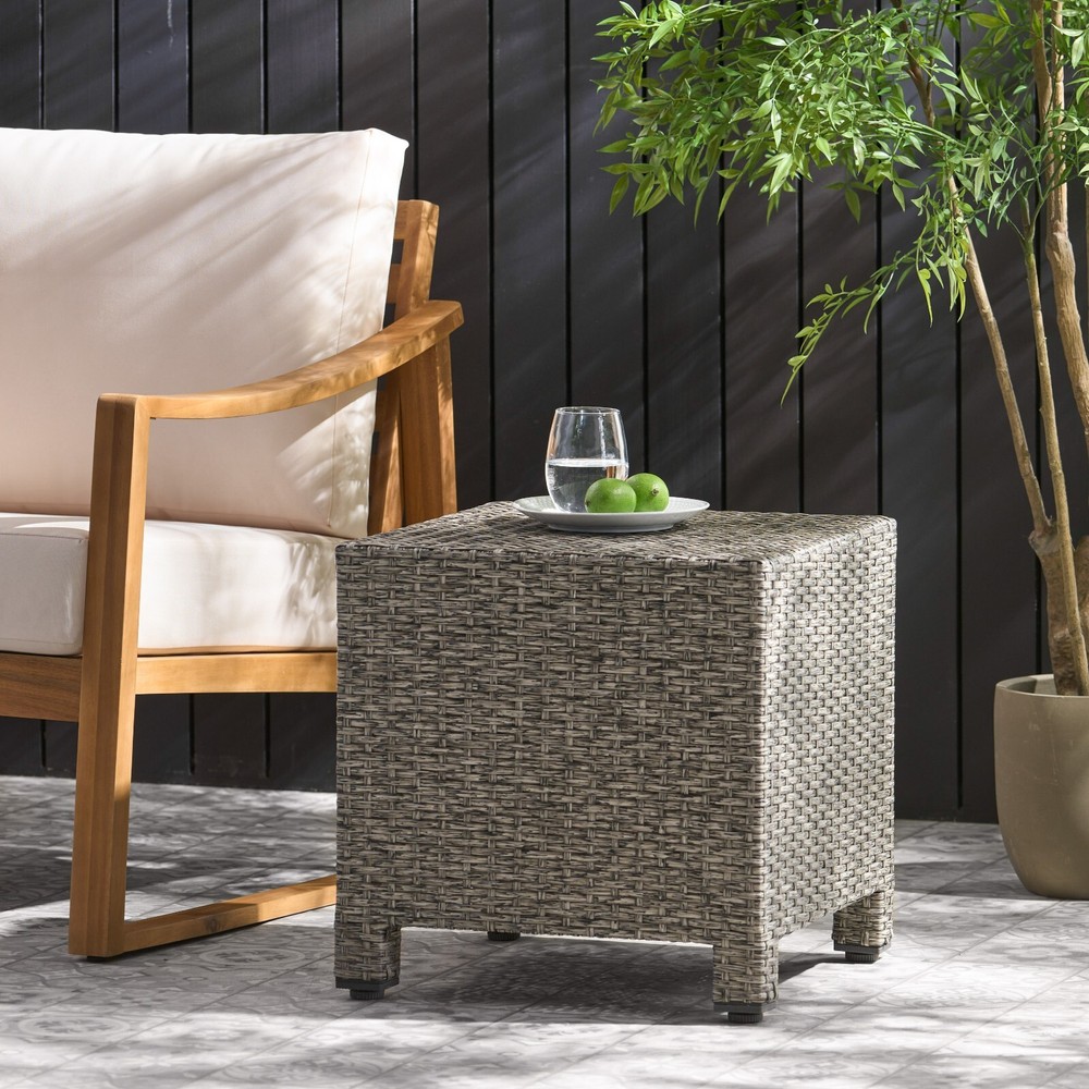Outdoor Wicker Cube Side Table, Mixed Black