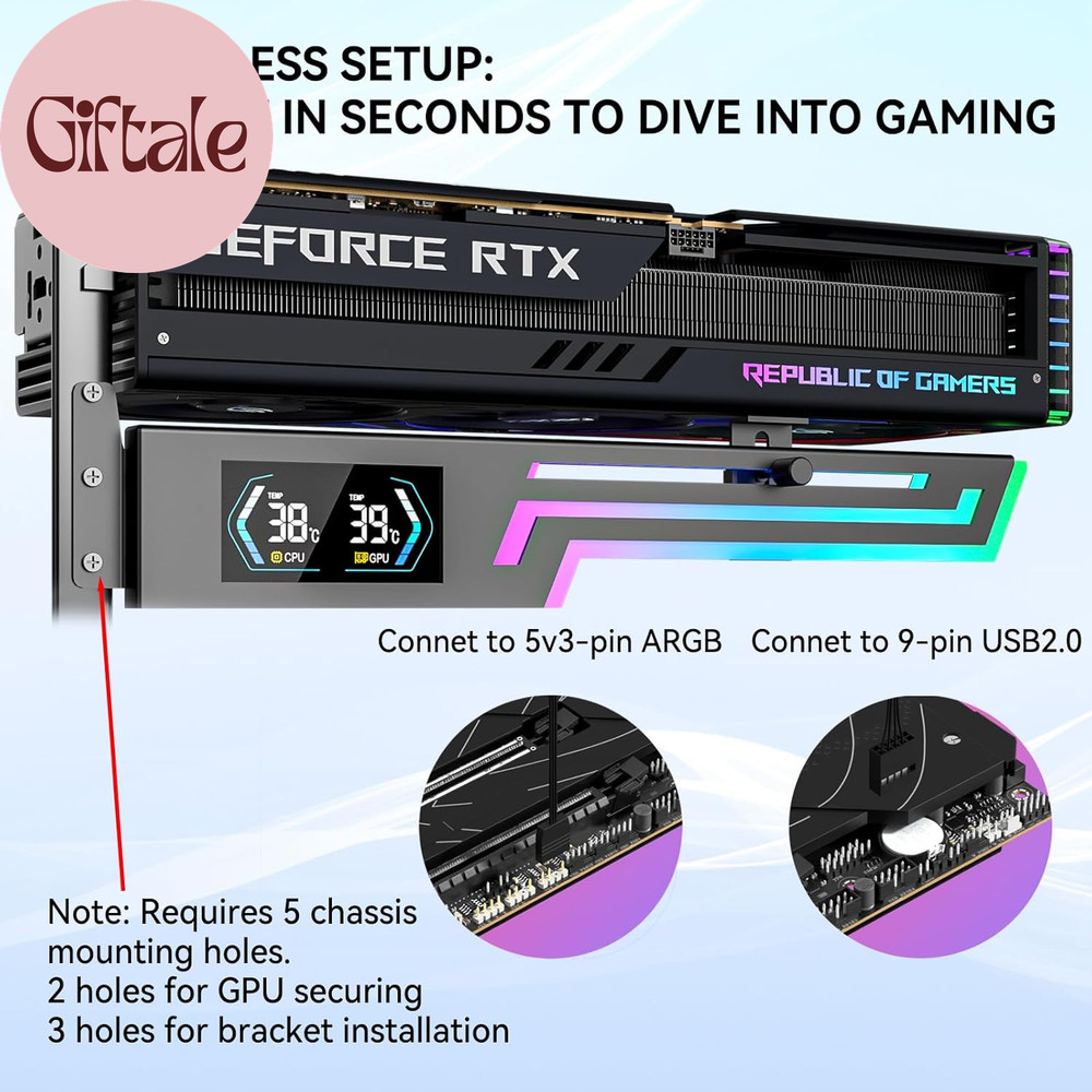 ARGB GPU Support Bracket with CPU & GPU Temp Display, Universal Graphics Card Su