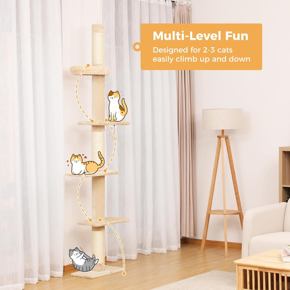 Adjustable 5-Tier Cat Tree with Scratching Post & Cozy Bed - Beige