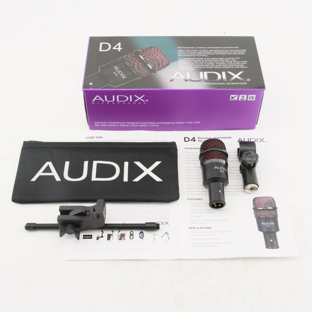 NEW 1 Pack Audix D4 Hypercardioid Dynamic Instrument Microphone Bundle US
