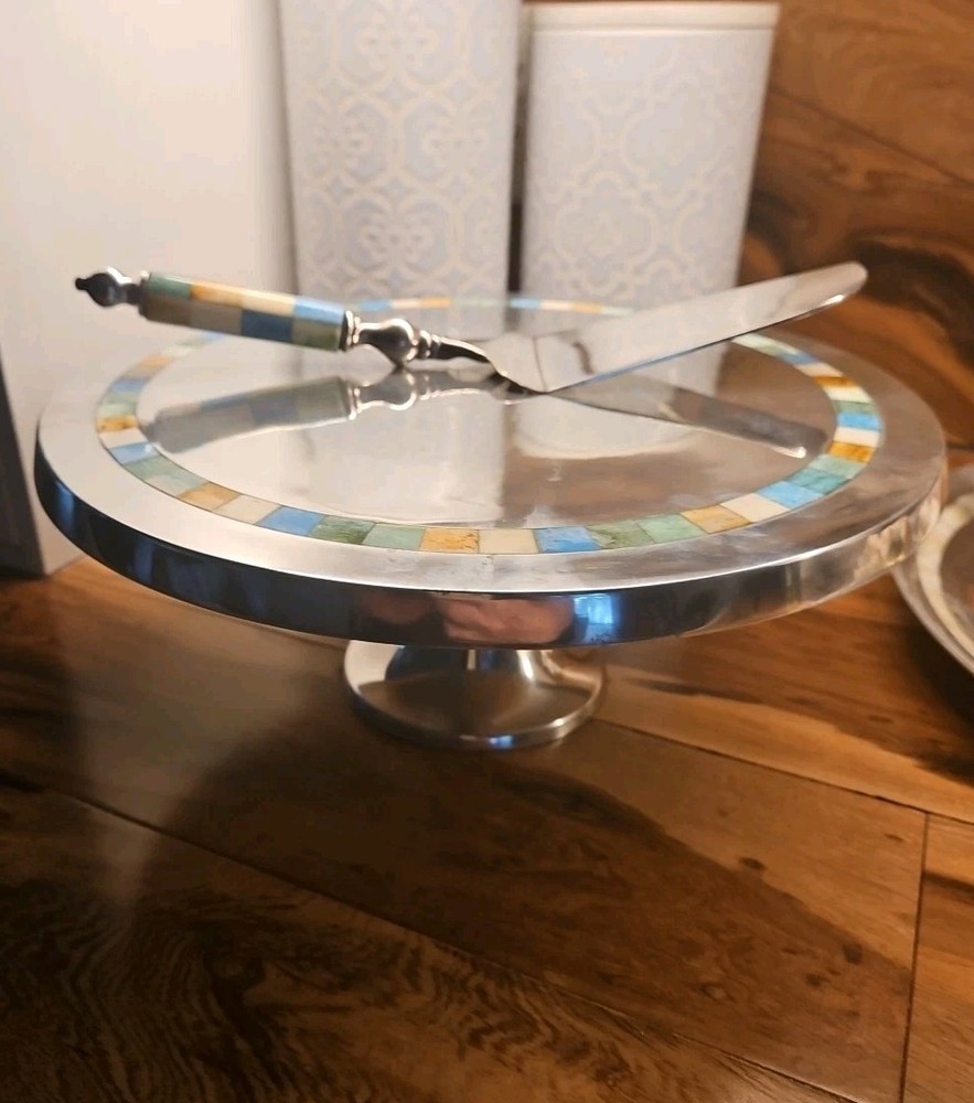 Towle Silversmiths 12" Cake Stand & Server Geometric Inlayed bone "Bay Breeze"