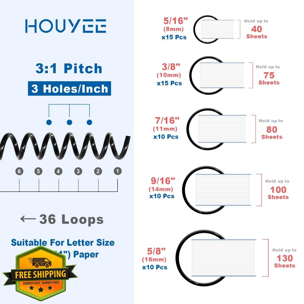 HOUYEE 60 Spiral Binding Coils, Black, Multi-Size