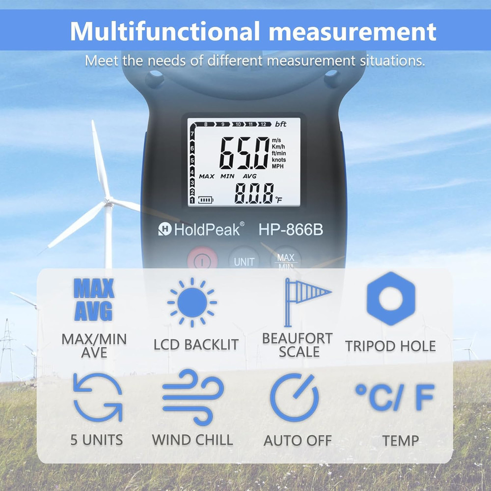 Holdpeak 866B Digital Anemometer Handheld Wind Speed Meter for Measuring Wind