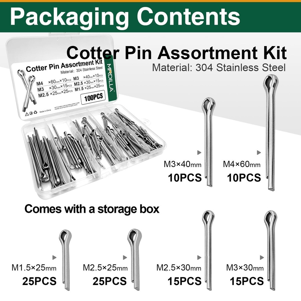 Mrdilla 100PCS Cotter Pins Assortment Kit, Stainless Steel Split Pins Set for...