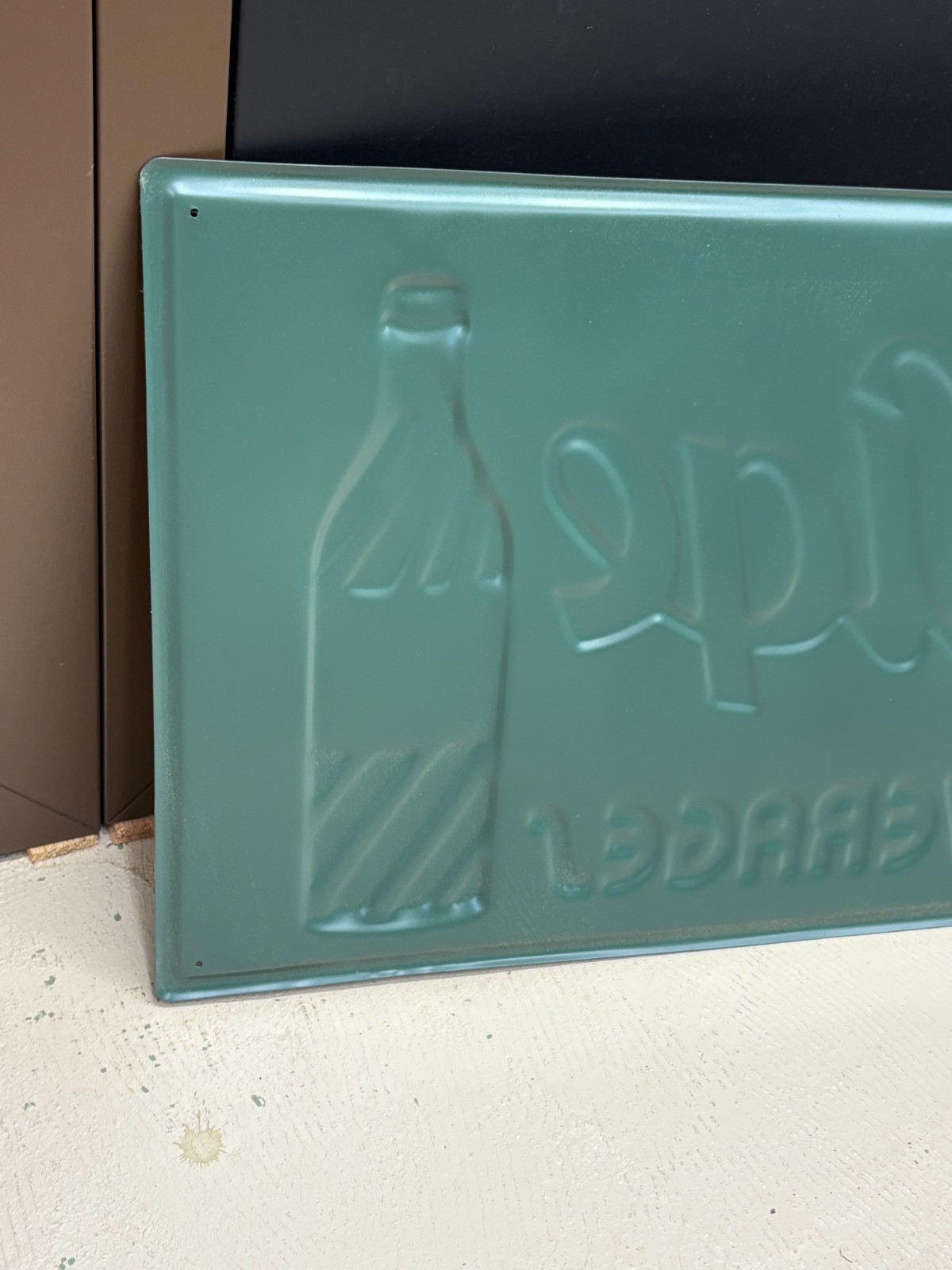 "GOLDEN AGE BEVERAGE" LARGE EMBOSSED METAL ADVERTISING SIGN (41"x 15") NICE