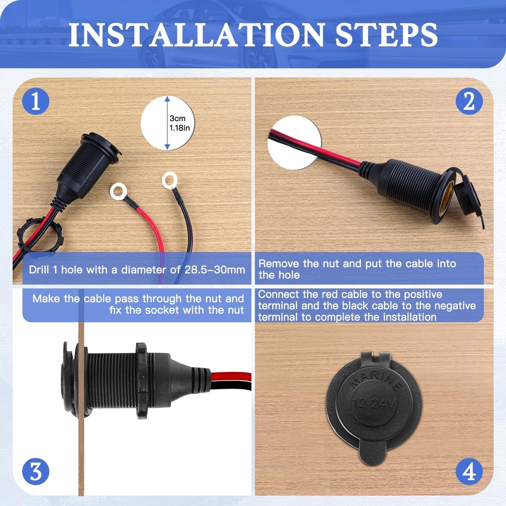 Cigarette Lighter Socket 3FT, 12V 13AWG&(3FT/0.9m)