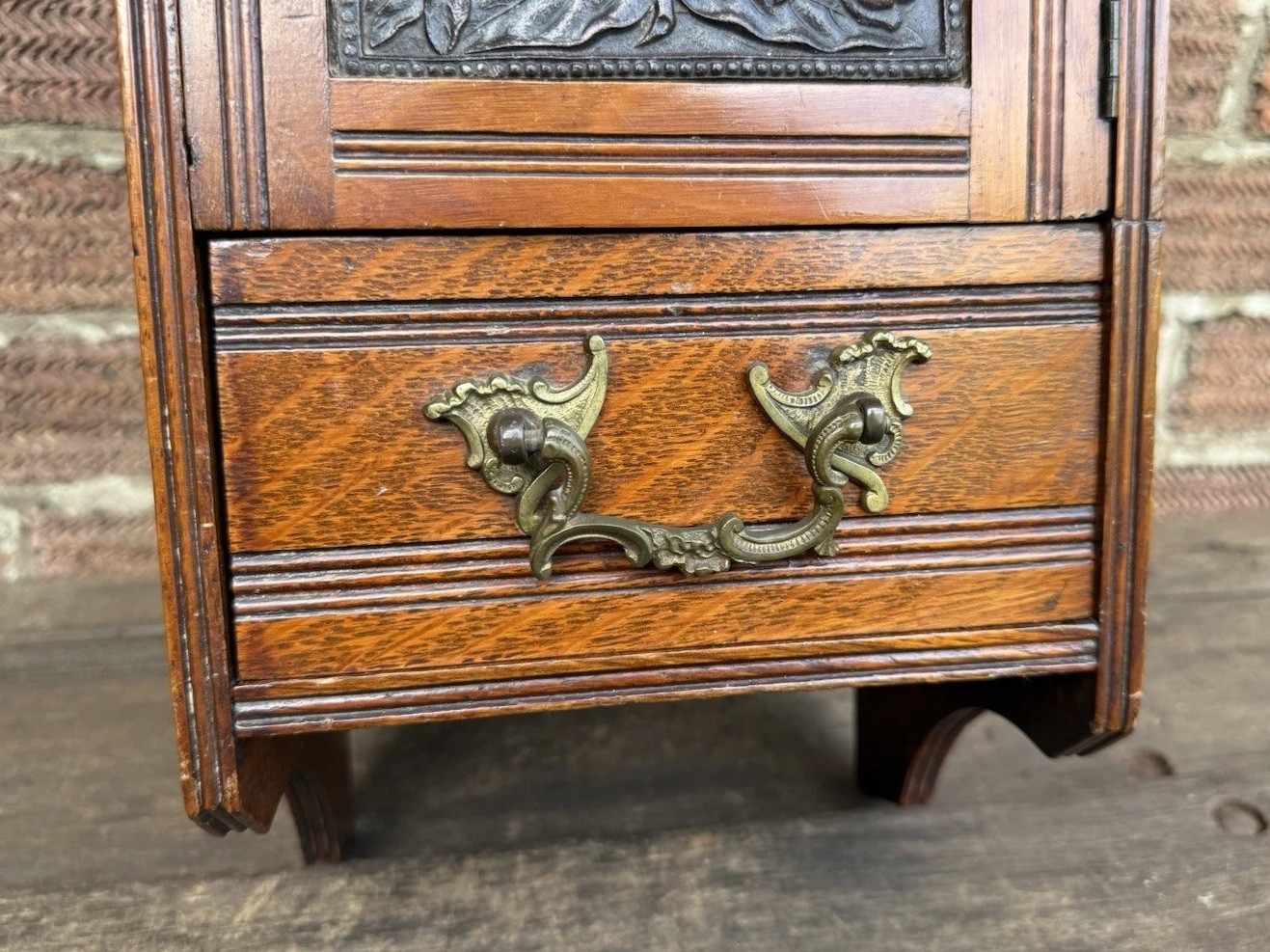 Antique Edwardian Oak Wall Hanging Smokers Cabinet & Original Glass Match Holder