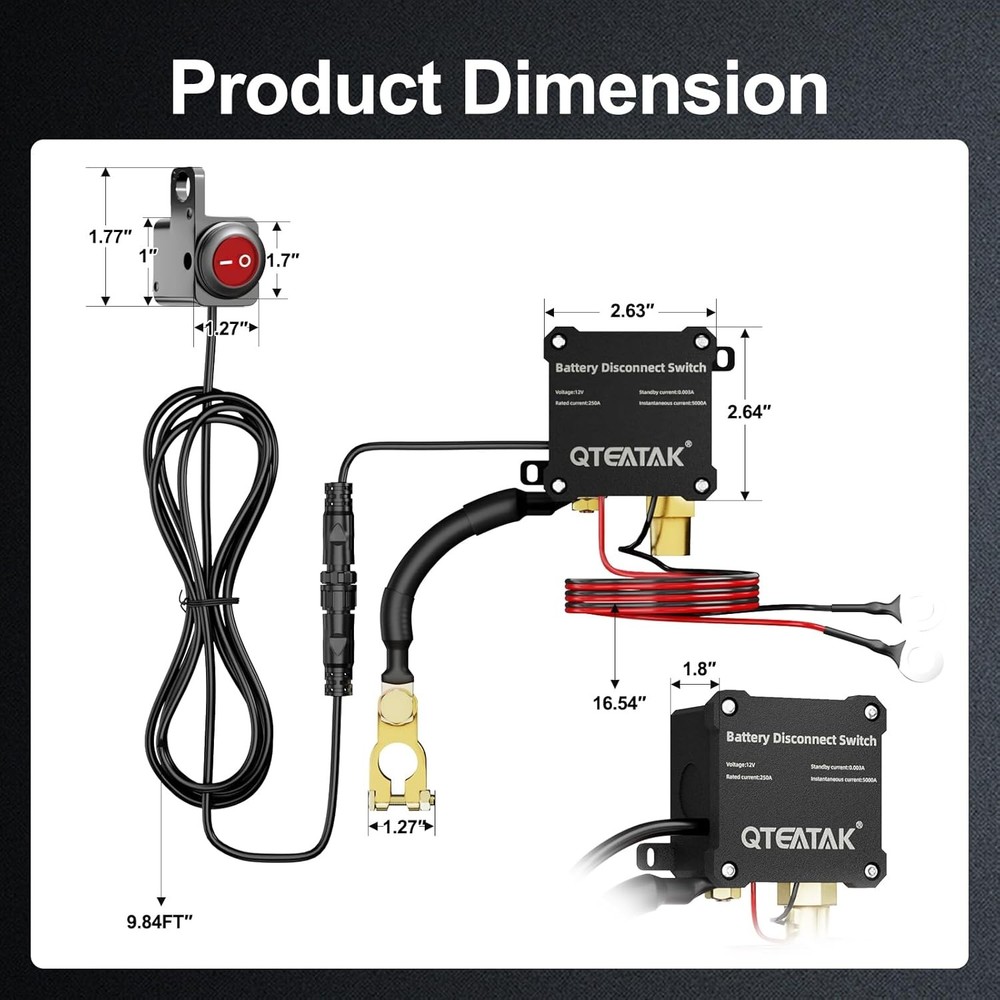 12 V Battery Disconnect Switch for Car, 250 A, 9.84 FT Battery Kill Switch to Pr
