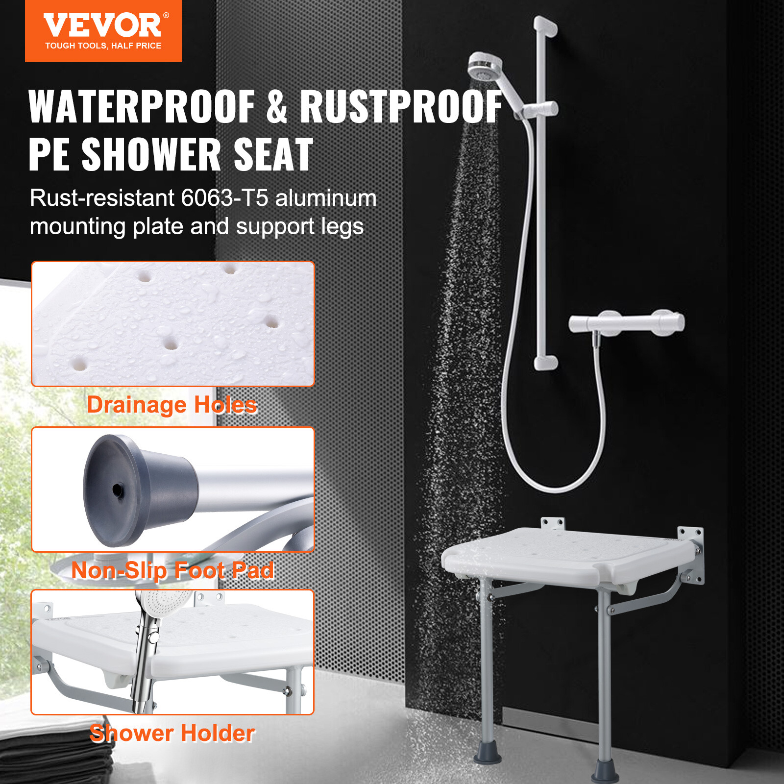 Vevor Fold Down Shower Seat Folding Bench Wall Mount 500lbs Handicapped Chair