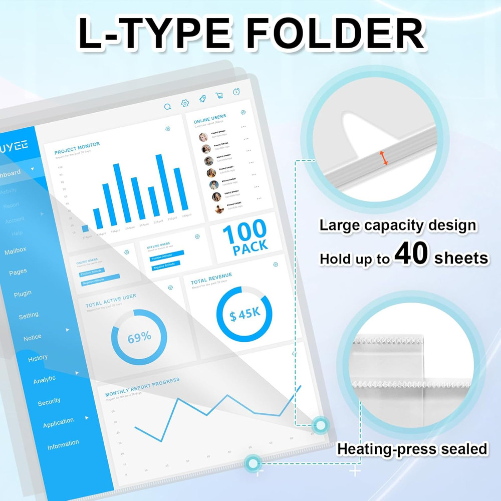 100 Pack Heavy Duty Clear Document Folders, L-Type Folder Plastic Paper Sleeves