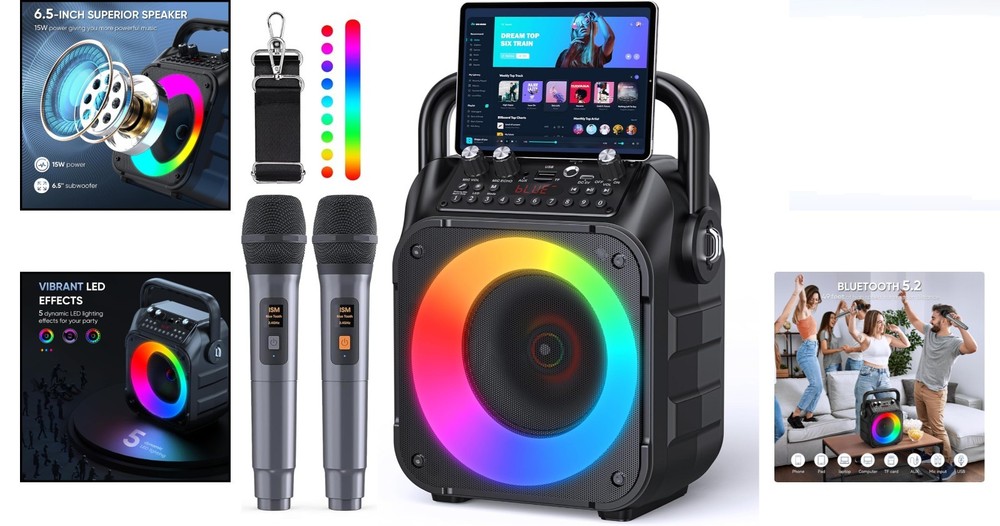Karaoke System with USB/TF Support, Built-in Mic & TWS Functionality for Events