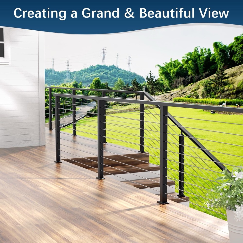 36" Cable Railing Post, Fixed Top Level Drilled Line Post w/Cable Grommets,