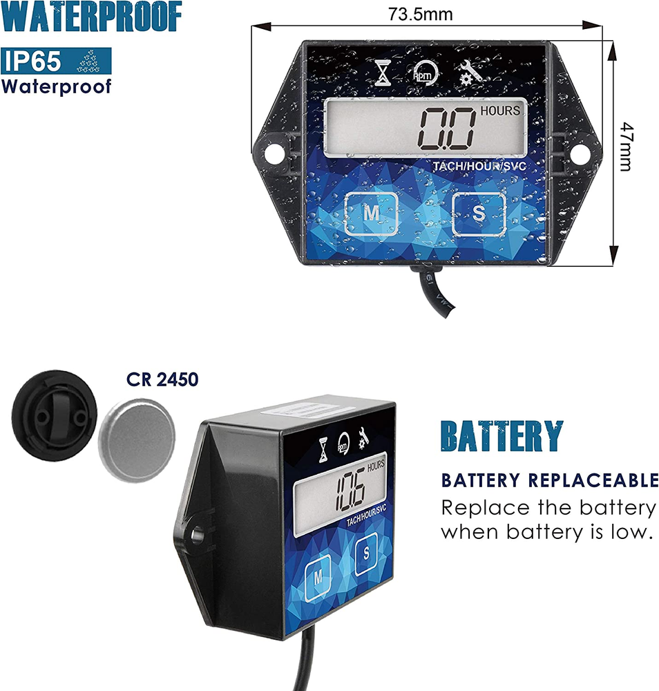 Small Engine Hour Meter, Digital Tachometer, Maintenance Reminder