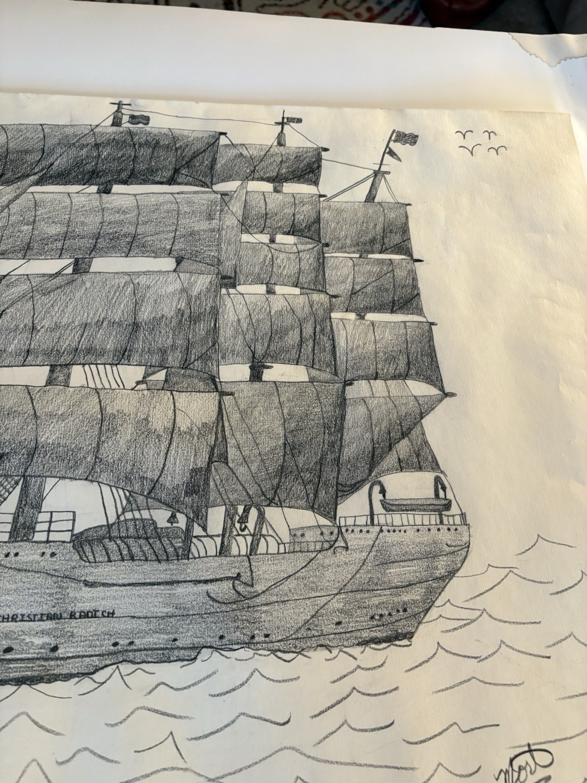Pencil Drawing Norwegian Full Rigged Tall Sailing Ship Christian Radich Signed