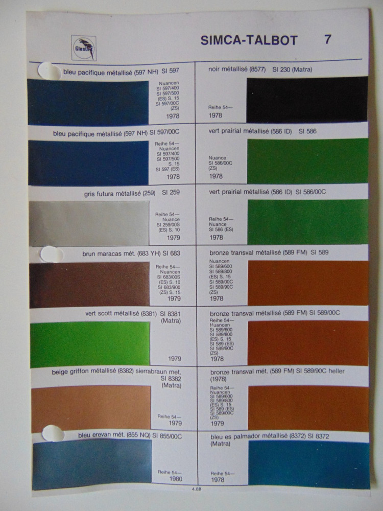 Original Glasurit Simca-Talbot Paint Chips Sheet - 1978-1980