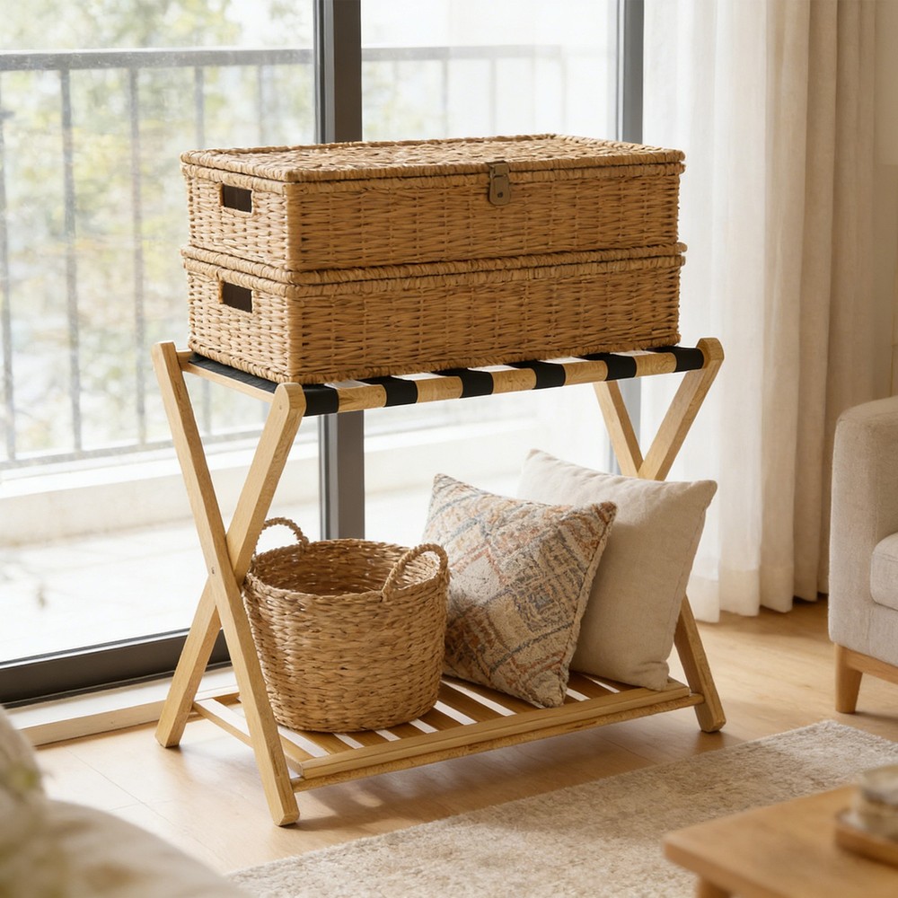 ↑Luggage Rack Foldable Thickened Bamboo Suitcase Stand With Storage Shelf For