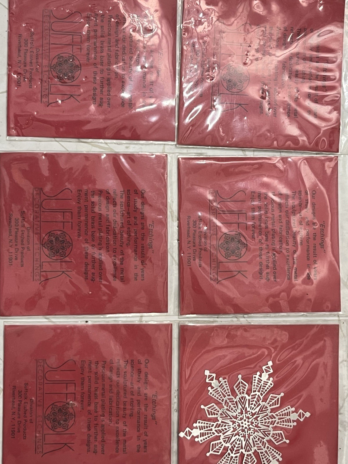 6 Vintage SNOWFLAKE Silver Plated Brass Christmas Ornaments SUFFOLK ETCHINGS NEW