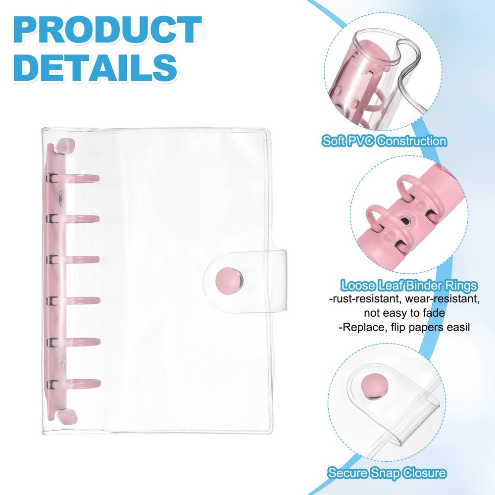 A7 2Pcs Transparent 6-Ring Binder Cover with Snap Button Closure, Pink