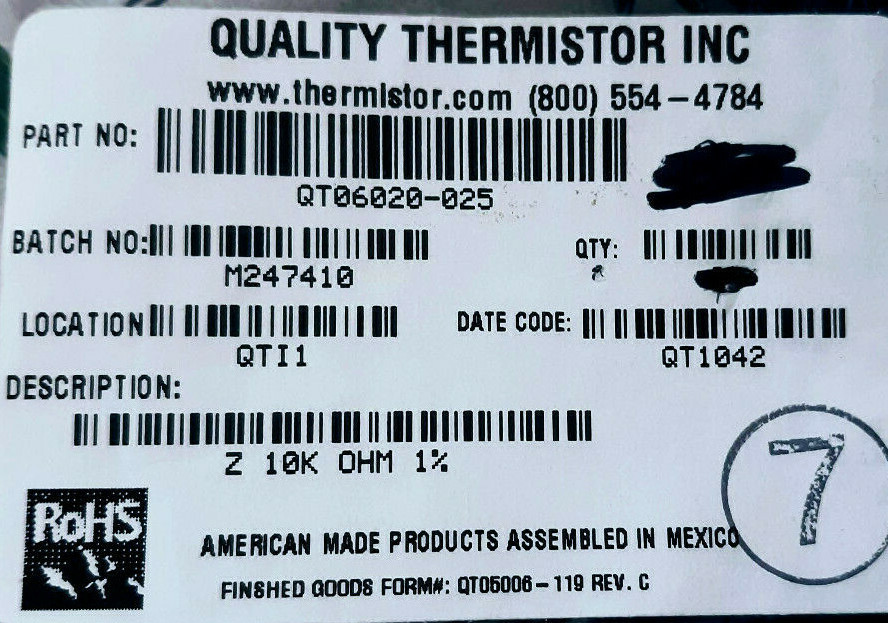 QT06020 Themistor 10K +/-2% QTI (Same as 113606-02 used in many heaters)