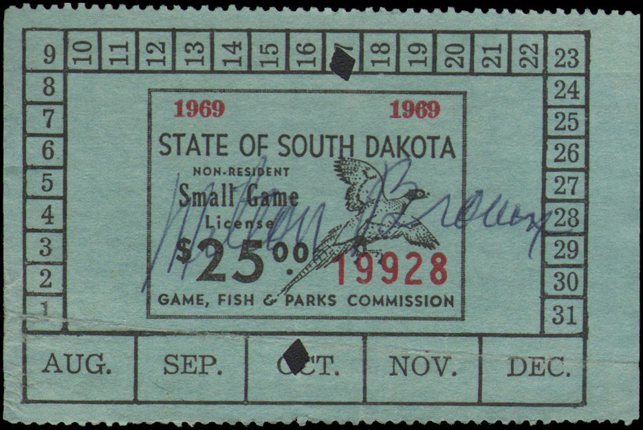 US state revenue-South Dakota Used 1969 small game license