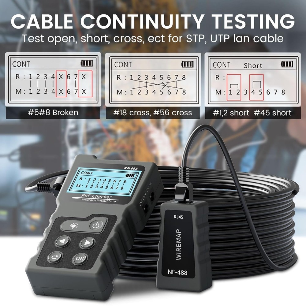 POE & Continuity Network Tester with Backlit LCD - Efficient & Lightweight