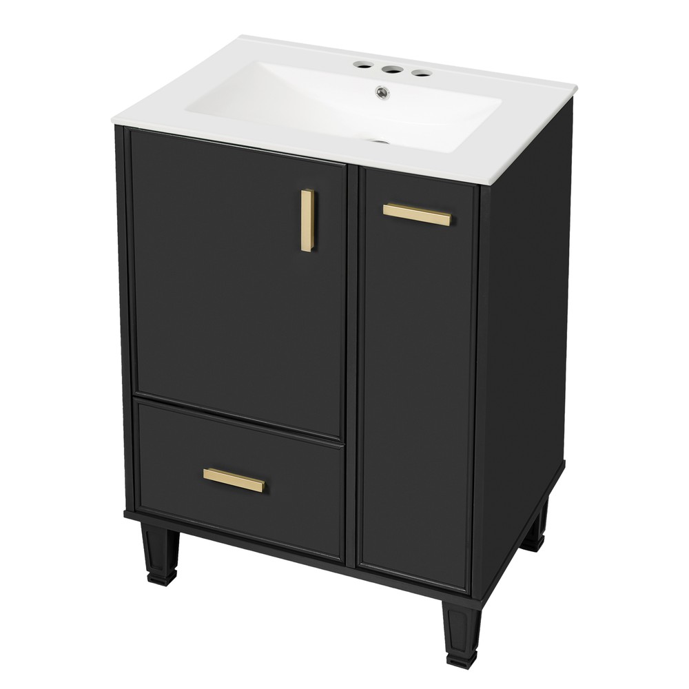 Bathroom Vanity with Ceramic Sink Solid Wood Frame Storage Cabinet Deep Drawer