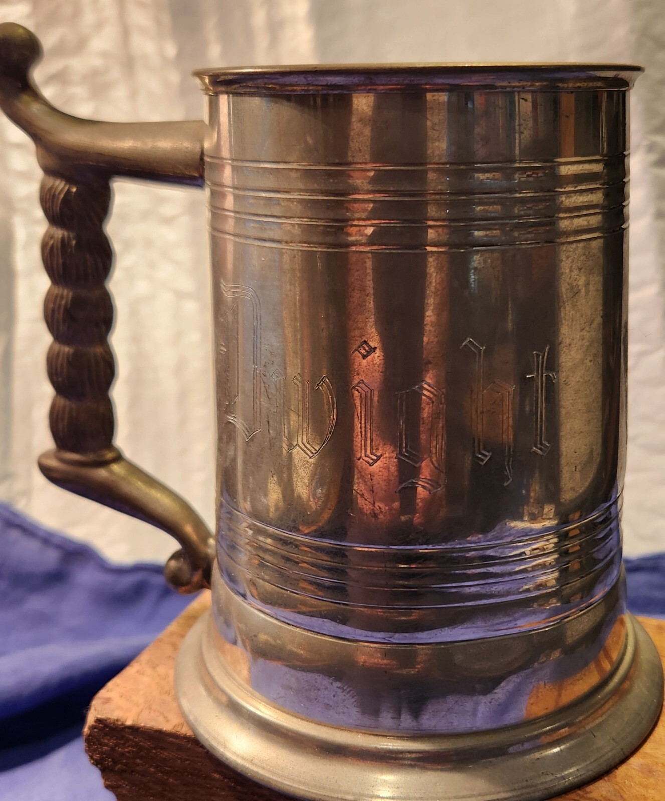 Glass-Bottom ENGLISH PEWTER Tankard / DWIGHT inscribed on side-Made in ENGLAND!