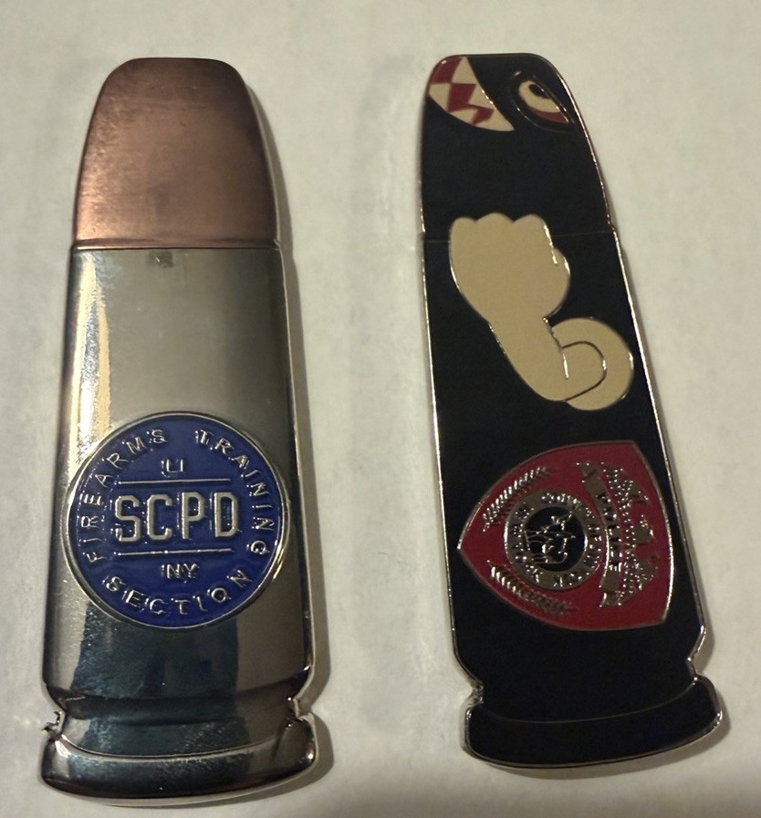 SUFFOLK COUNTY POLICE SCPD BULLET FIREARM TRAINING RANGE CHALLENGE COIN NEW YORK