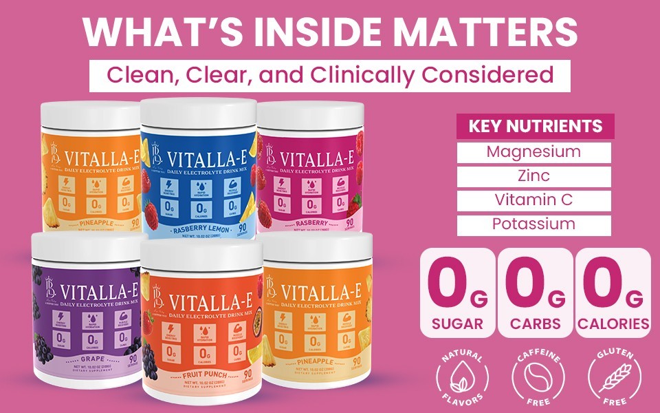 VITALLA-E Electrolyte Powder Drink Mix - Sugar Free: Raspberry, 90 Servings