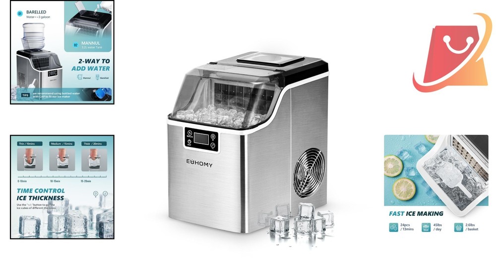 Ice Cube Maker Machine Countertop Portable 45Lbs/Day Self-Cleaning Compact