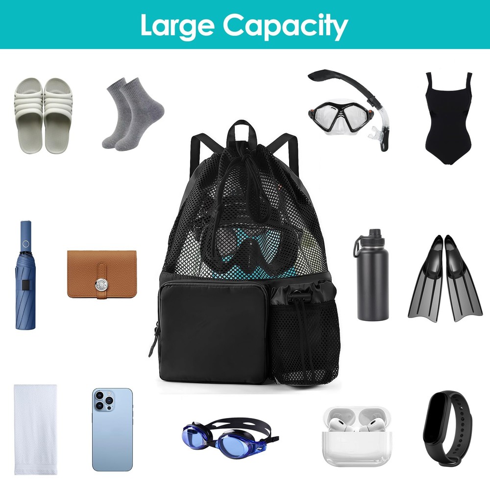 Large Capacity Mesh Swim Backpack Pocket Drawstring Waterproof Beach