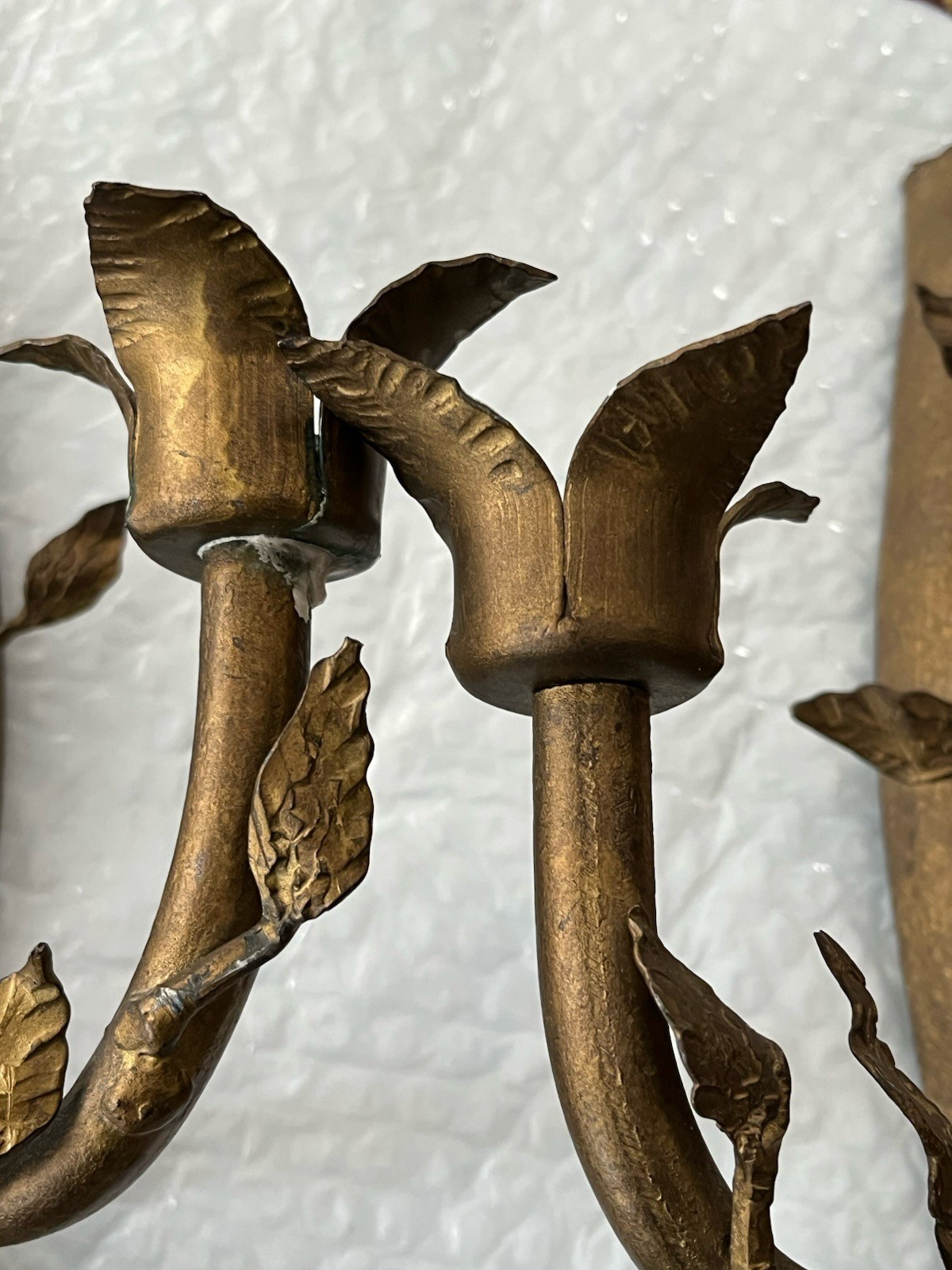 Vintage Pair Solid Bronze Gilt Magical Mystic Forest Wall Candle Holder Sconces