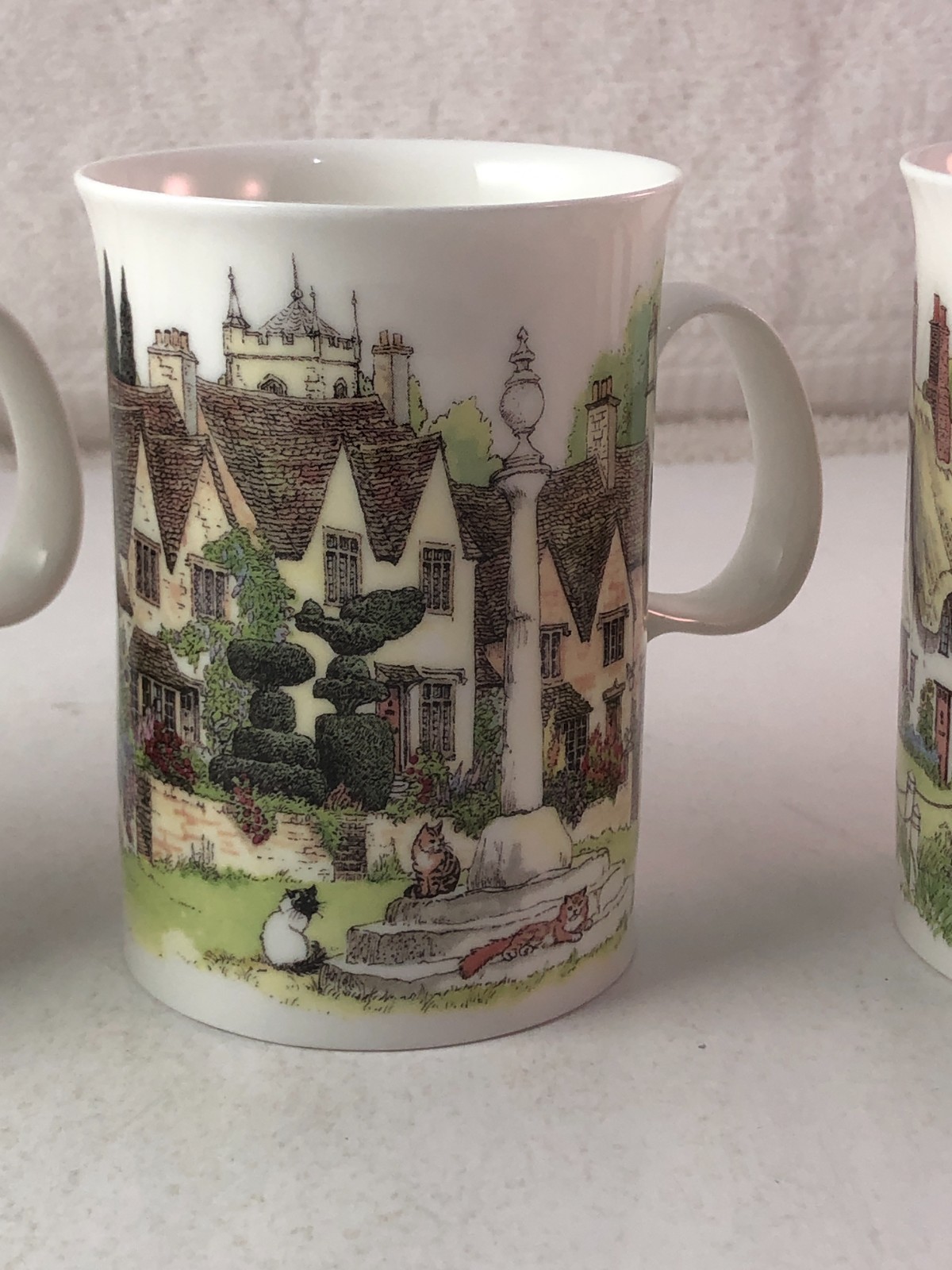 Set of 4 Dunoon Village Greens Bone China Coffee Cups Mugs Sue Scullard England