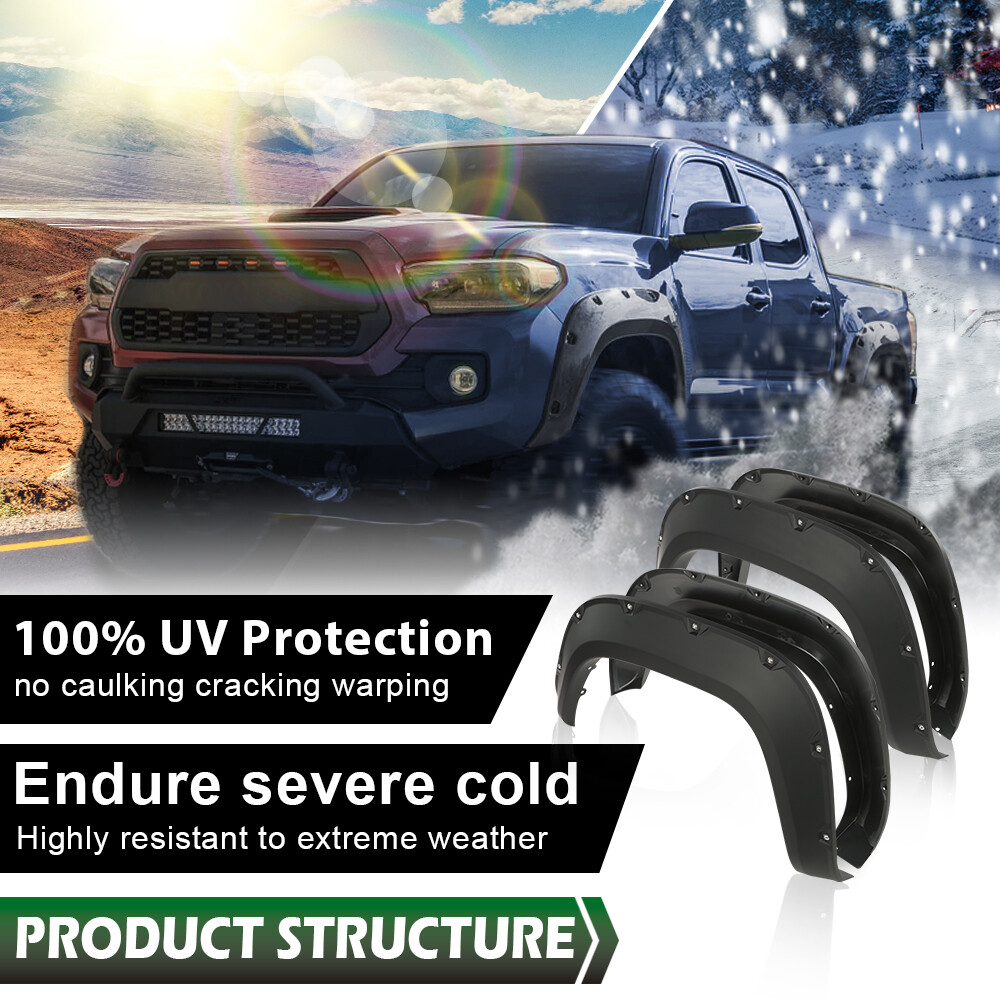 4pcs Fit For 16-22 Toyota Tacoma Pocket Rivet Style Fender Flares Smooth Black