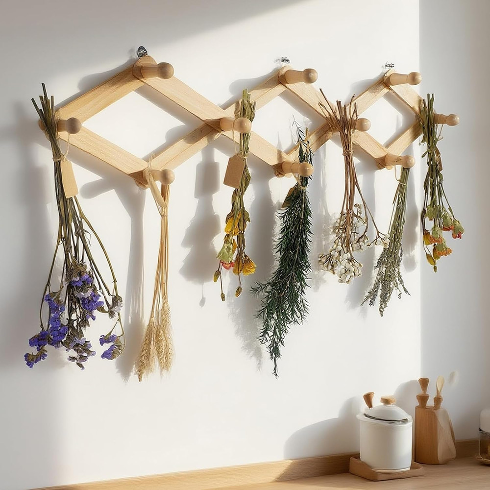 Rustic Adjustable Hanging Herb Drying Rack-Holds 10 Bouquets, Space-Saving Herb