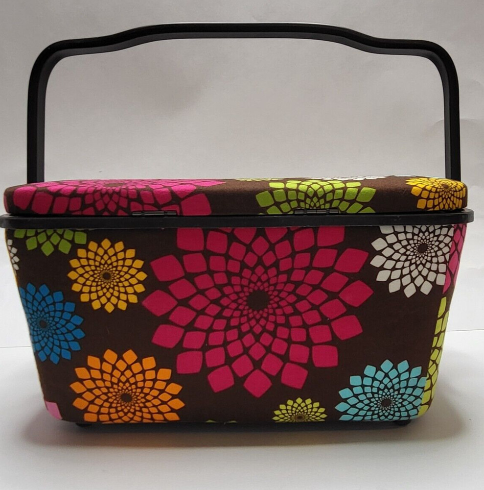 Sewing Basket Storage Case & Tray Insert Floral Abstract Brown with Hook Closure