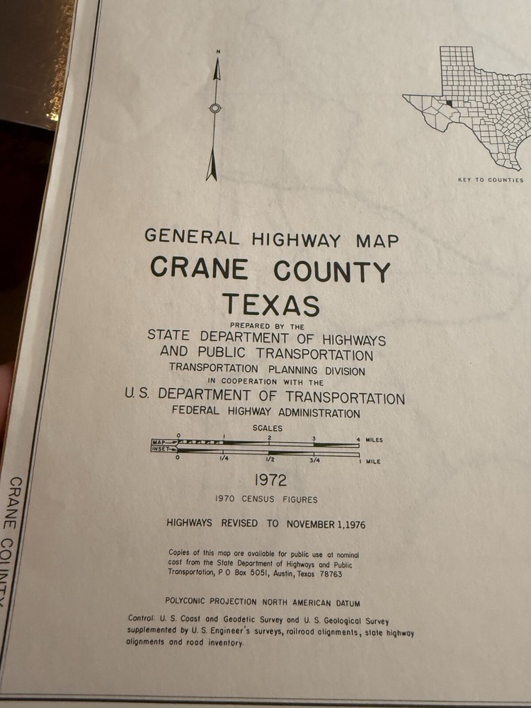 1972 Texas CRANE County General Highway Map 18" x 25" Folded USDOT