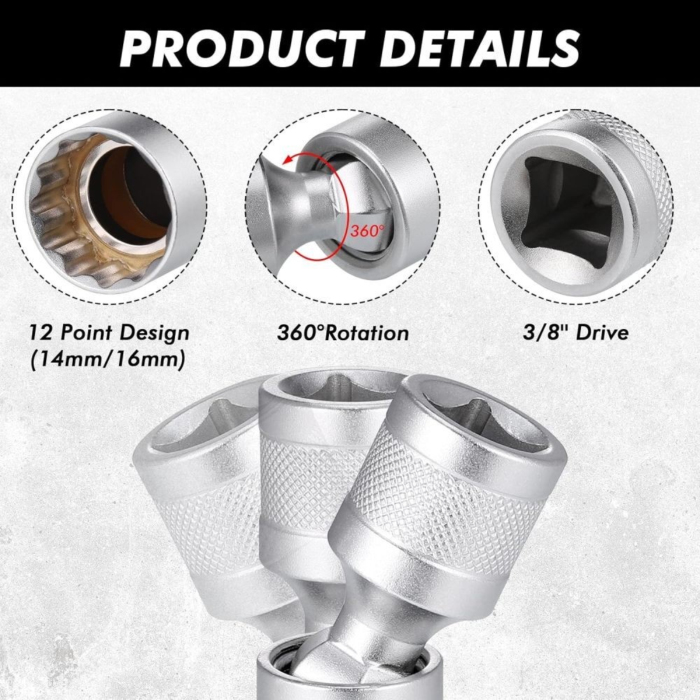 14mm & 16mm Thin Wall Magnetic Swivel Spark Plug Socket 12-Point Removal Tool