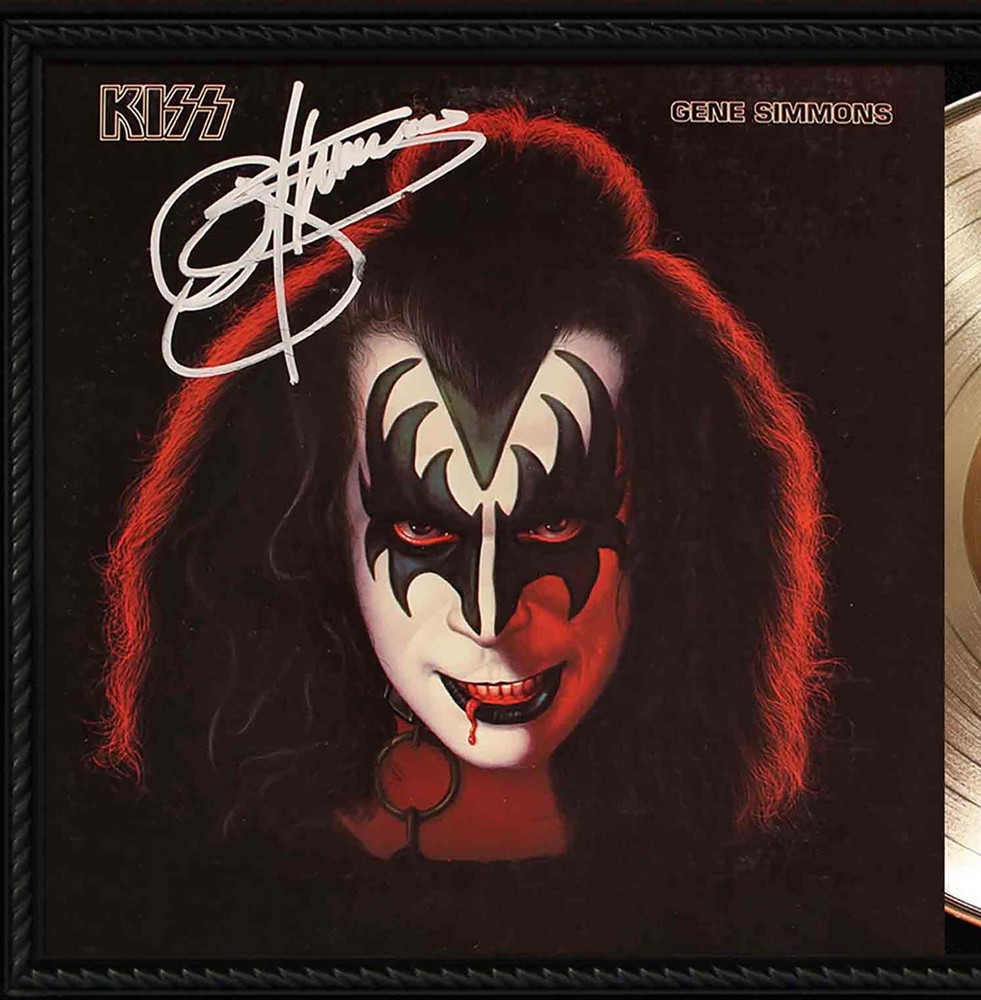 Gene Simmons Framed Cherry wood Reproduction Signature LP Record Display.